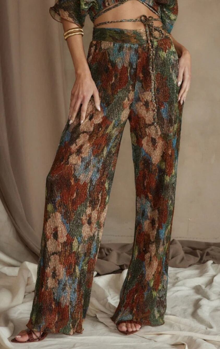 NWOT 12th Tribe Kaia Metallic Floral Print Flowy Earth Tones Pants Sz L READ